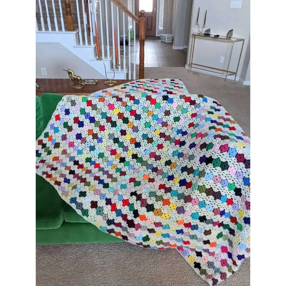 vintage 70s Cream RAINBOW Extra Large CROCHET AFGHAN hand knit blanket handmade
